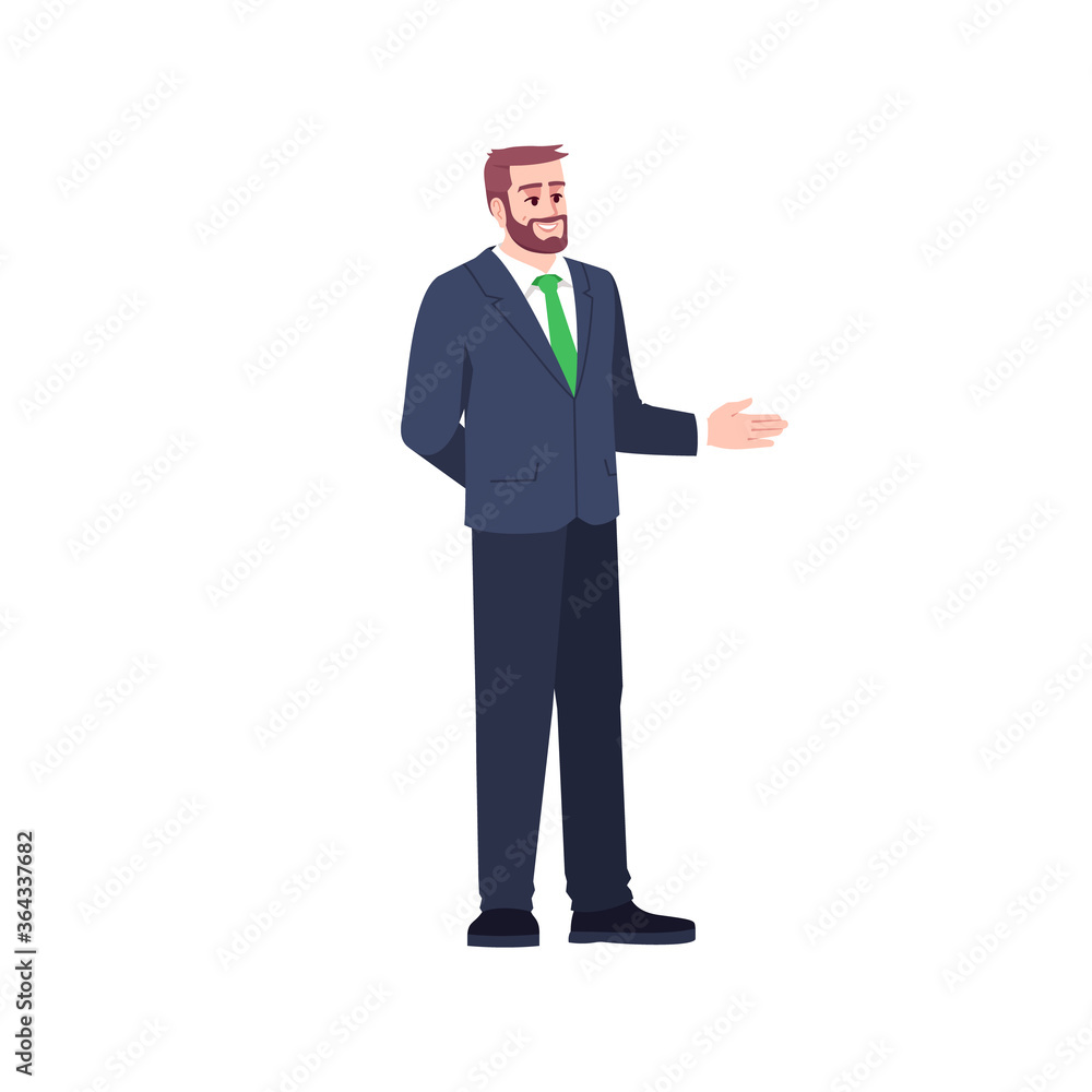 Bank representative semi flat RGB color vector illustration. Marketing professional. Businessman hold hand for handshake. Advisor for commerce. Financial consultant isolated cartoon character on white