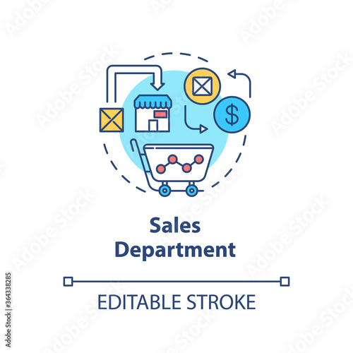 Sales department concept icon. Marketing plans. Commerce research. Merchandise sell. Product management idea thin line illustration. Vector isolated outline RGB color drawing. Editable stroke