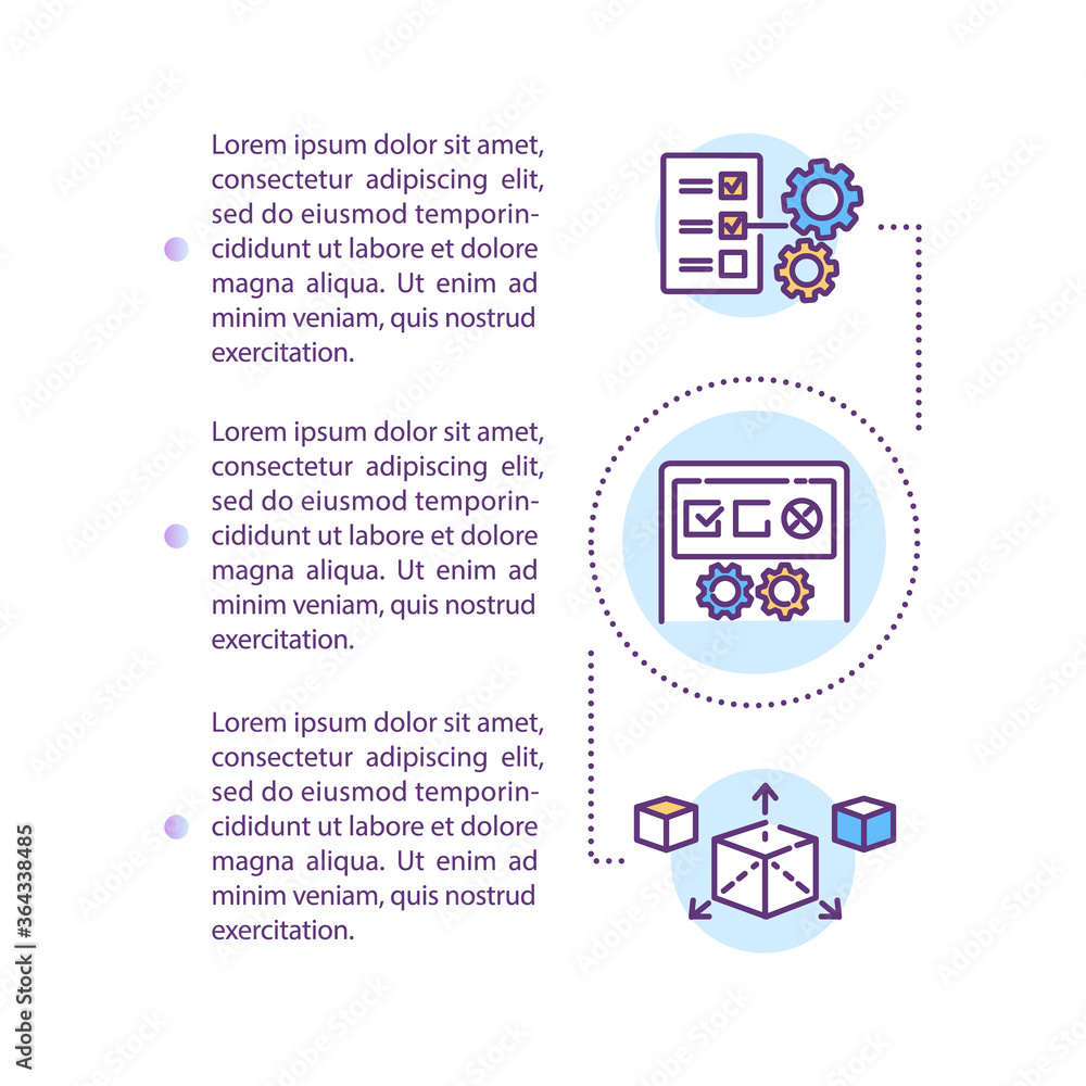 Product specifications concept icon with text. Technical standard requirements. Product specs. PPT page vector template. Brochure, magazine, booklet design element with linear illustrations