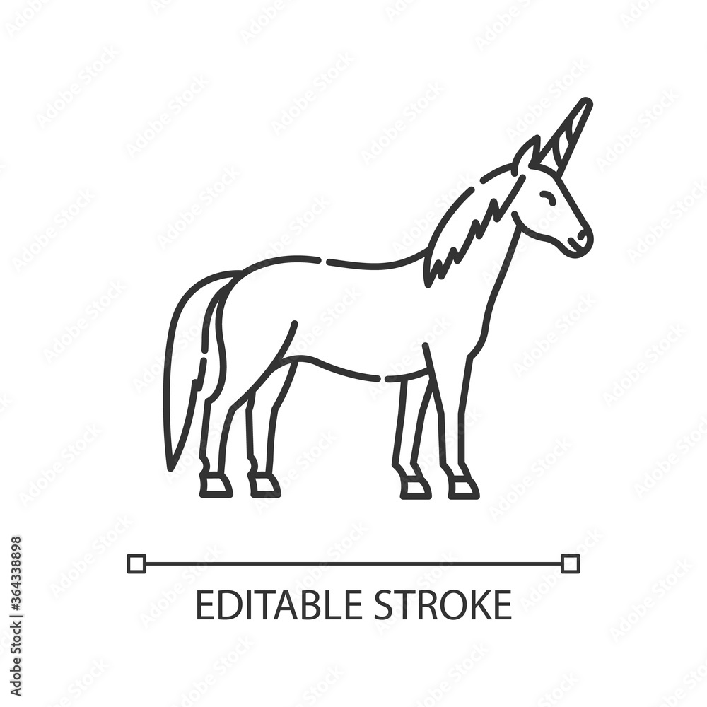Unicorn pixel perfect linear icon. Mythical creature, fairy tale mascot. Thin line customizable illustration. Contour symbol. Magical horse with horn vector isolated outline drawing. Editable stroke