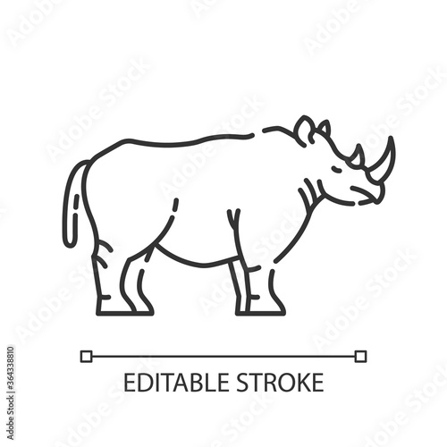 Rhinoceros pixel perfect linear icon. Exotic horned animal  african fauna. Zoology  safari thin line customizable illustration. Contour symbol. Rhino vector isolated outline drawing. Editable stroke