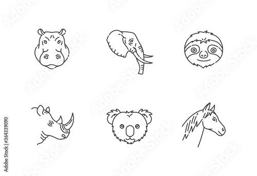 Animal heads pixel perfect linear icons set. Exotic mammals, tropical fauna customizable thin line contour symbols. Different animals muzzles. Isolated vector outline illustrations. Editable stroke