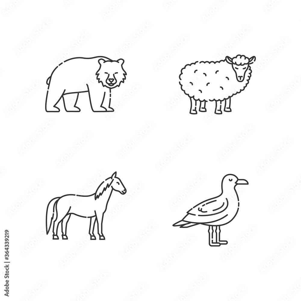 Domestic and wild animals pixel perfect linear icons set. Bear, seagull, horse and sheep customizable thin line contour symbols. Isolated vector outline illustrations. Editable stroke