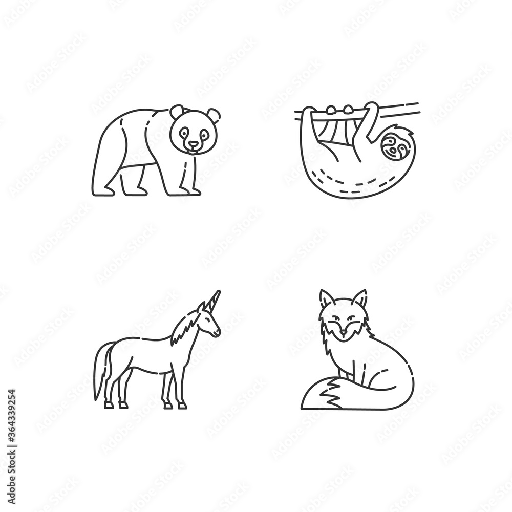 Common and fantasy animals pixel perfect linear icons set. Panda bear, sloth, fox and magic unicorn customizable thin line contour symbols. Isolated vector outline illustrations. Editable stroke