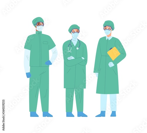 Group of medical staff in protective clothes vector illustration. Team of diverse physicians in safety mask and coat standing together isolated on white. Emergency aid workers in uniform