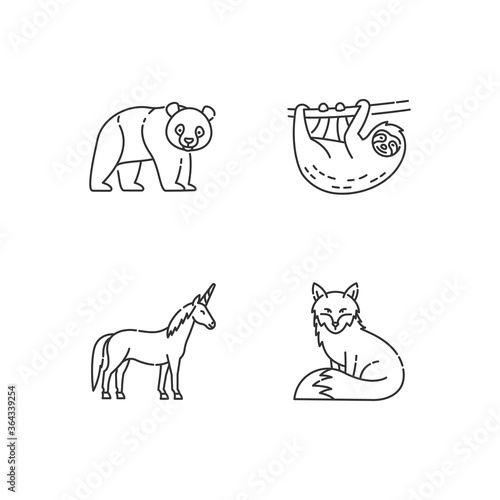 Common and fantasy animals pixel perfect linear icons set. Panda bear, sloth, fox and magic unicorn customizable thin line contour symbols. Isolated vector outline illustrations. Editable stroke