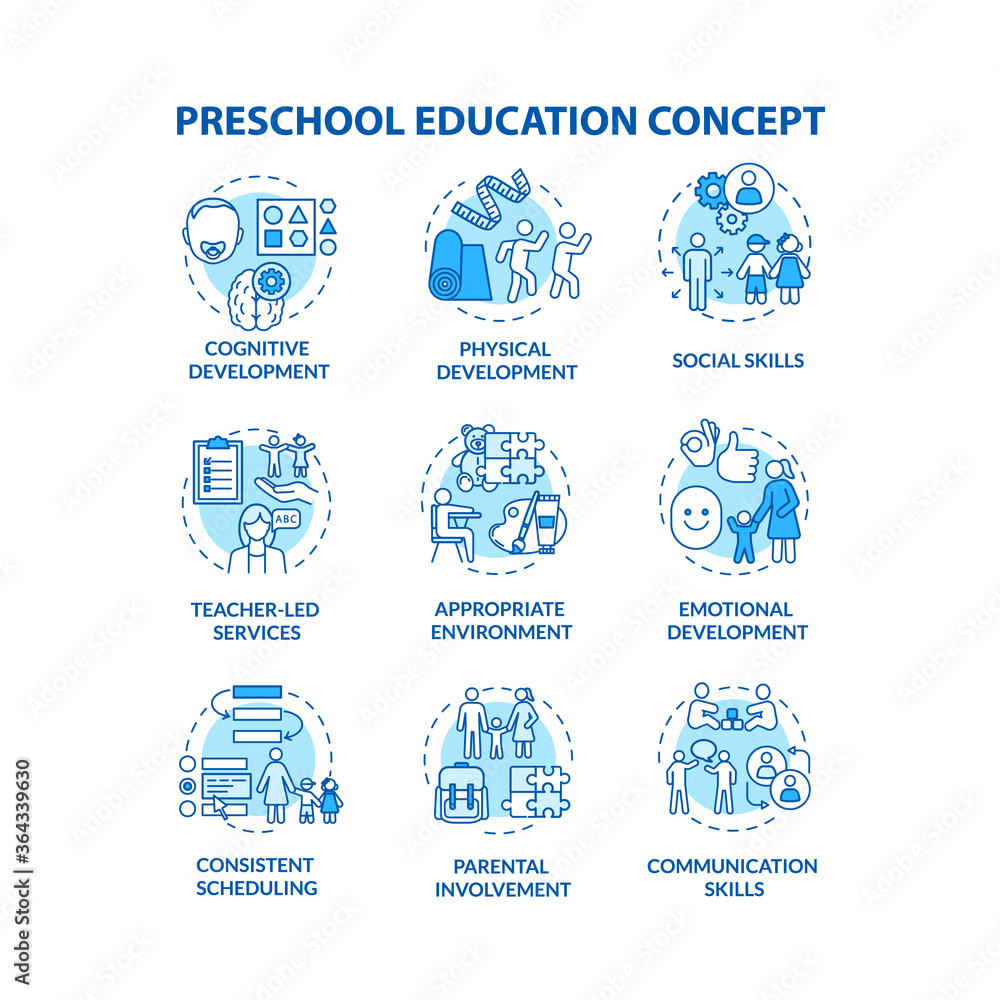 Children preschool education concept icons set. Cognitive and emotional development. Parenthood. Early childhood idea thin line RGB color illustrations. Vector isolated outline drawings