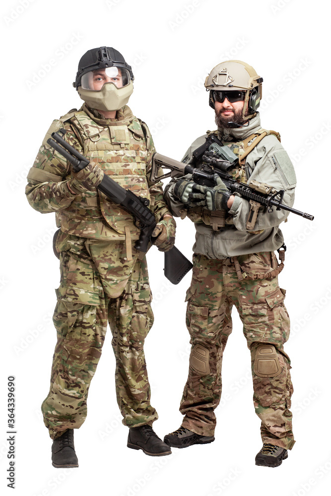 two american soldiers in military equipment with weapons on a white background, military special forces with ammunition, airsoft concept two american soldiers in military equipment with weapons on a white background, military special forces with ammunition, airsoft concept