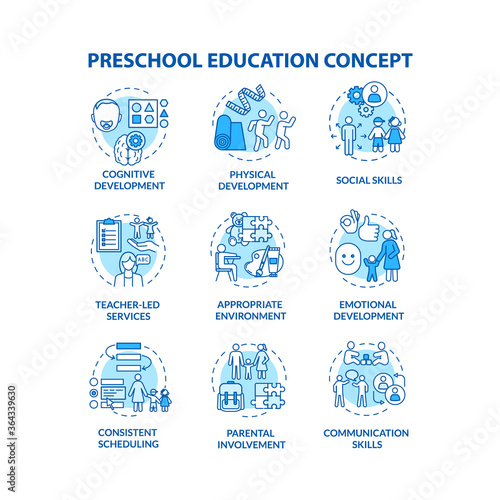Children preschool education concept icons set. Cognitive and emotional development. Parenthood. Early childhood idea thin line RGB color illustrations. Vector isolated outline drawings