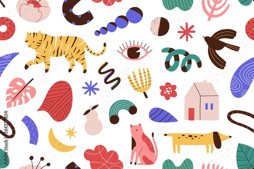 Abstract doodle hand drawn symbols, animals and objects seamless pattern. Col...