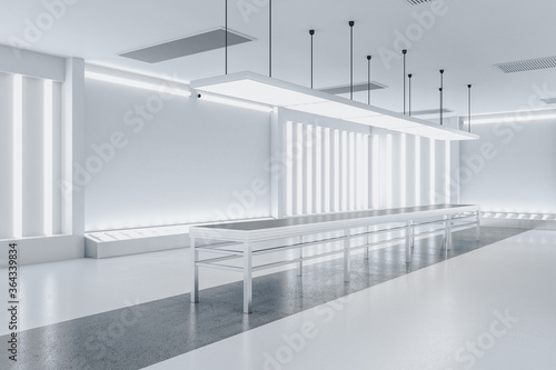 Minimalistic gallery interior with empty white wall and exhibition table.