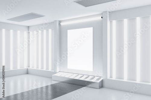 Minimalistic hall interior with blank poster on wall.