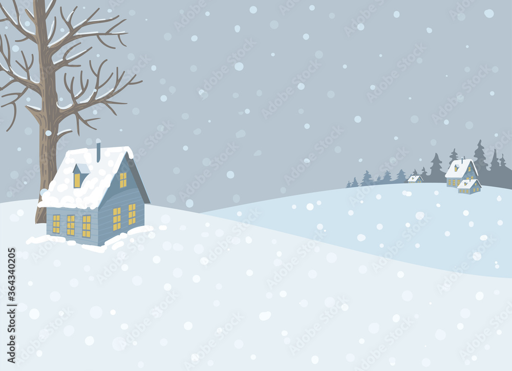 Vector winter landscape with snowy hills, tree, houses and snowfall