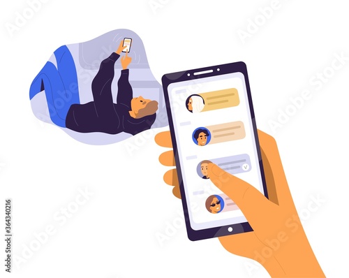 Guy chatting with friends use mobile app messenger vector flat illustration. Human hand holding smartphone with contacts on screen isolated on white. Man relaxing communicate at social networks