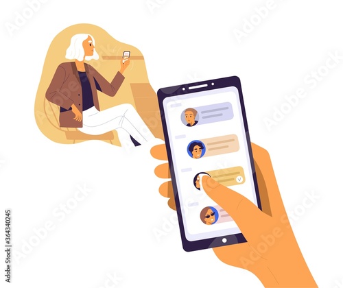 Human hand hold smartphone with contacts or requests on screen vector flat illustration. Woman surfing internet use mobile isolated on white. Forwards messages, sharing news or refer friends online