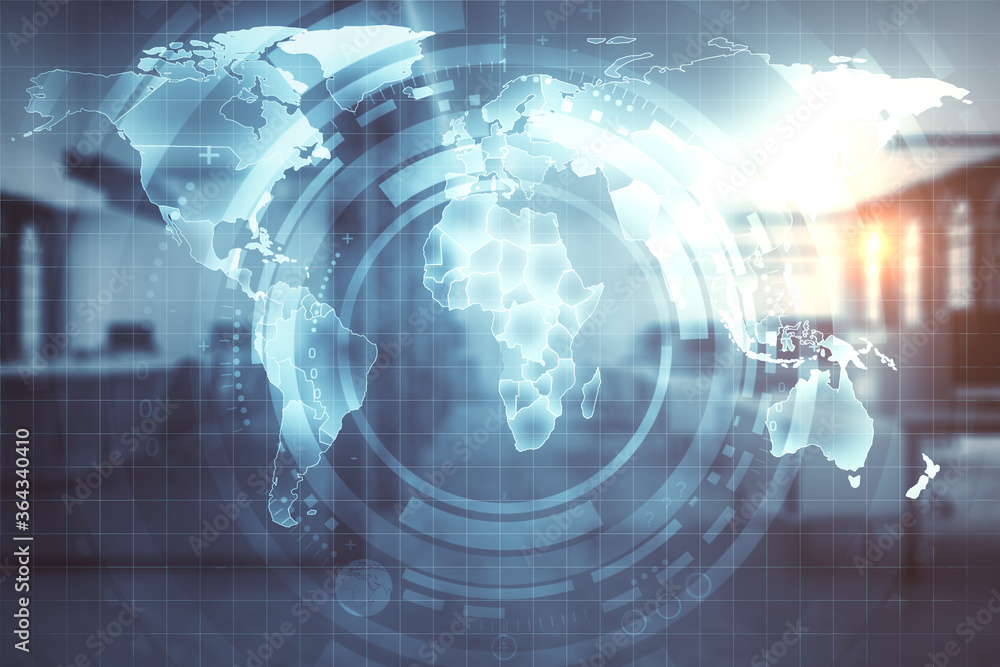 Blurry office interior background with digital glowing world map Blurry office interior background with digital glowing world map