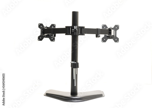 Rear view modern dual monitor desk mount stand isolated on white background