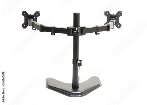 Rear view modern dual monitor desk mount stand isolated on white background