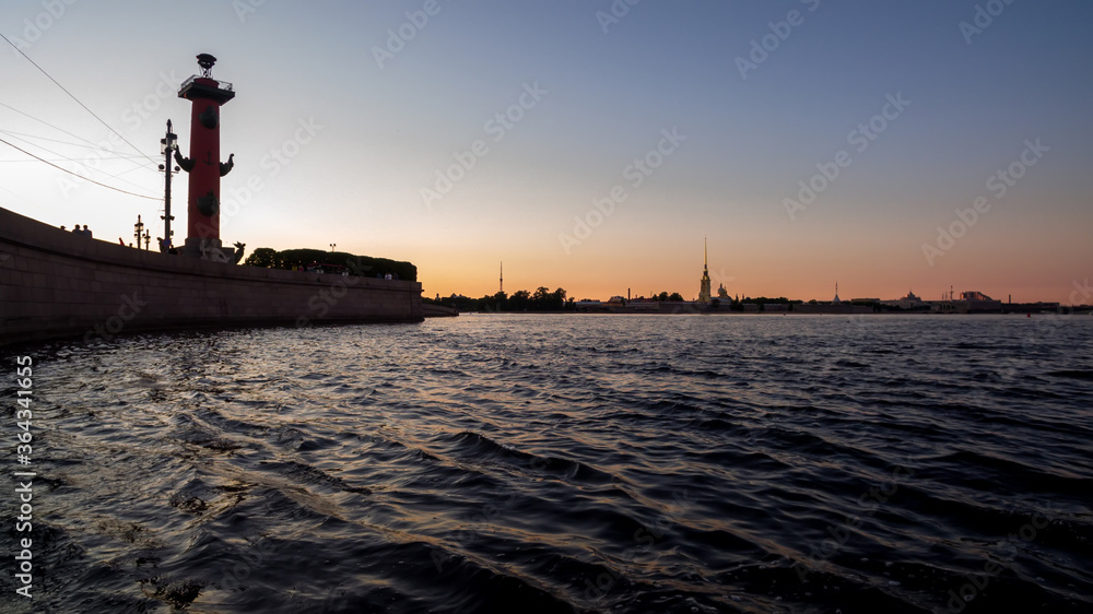 Spit of Vasilyevsky Island and Peter and Paul Fortress.White night. Unique urban landscape center Saint Petersburg. Central historical sights city. Top tourist places in Russia. Capital Russian Empire