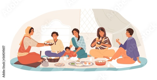 Happy traditional Indian family at festive dinner vector flat illustration. Children, parents and grandparents eating national dishes together isolated on white. Smiling people at holiday meal