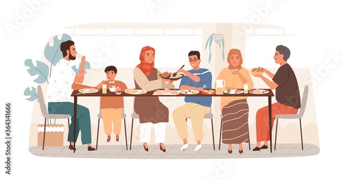 Traditional Arabic big family having dinner together vector flat illustration. National muslim relatives eating and drinking sitting at table isolated on white. People at holiday meal