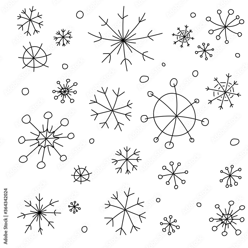 Set of black and white hand-drawn snowflakes. Set of black and white hand-drawn snowflakes.