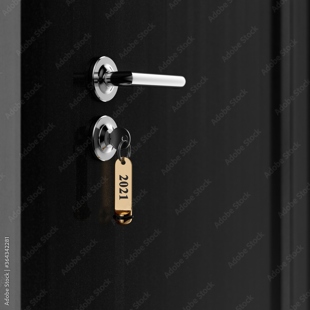 Brown hotel room door with key lable number 2021 new year concept Brown hotel room door with key lable number 2021 new year concept
