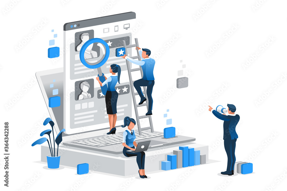 Fototapeta premium Job manager searching for recruitment, hiring management of recruitment, resource searching for new manager a best job. Hr employee candidate human employee character. Isometric person vector concept