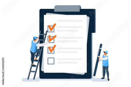 Customer Man marks a form to test the experience. Man test people on a form with characters and marks for filling, boy check customer survey check fill. Character cartoon concept isometric Vector.