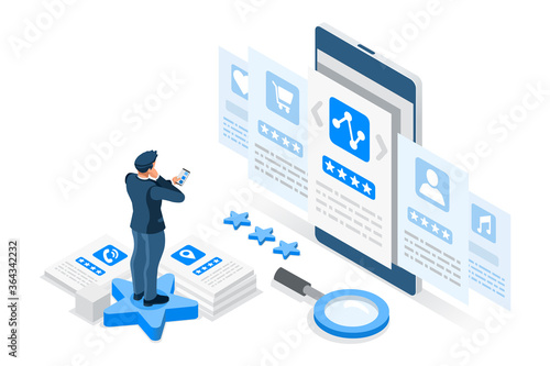 Customer Man marks a form to test the experience. Man test people on a form with characters and marks for filling, boy check customer survey check fill. Character cartoon concept isometric Vector.