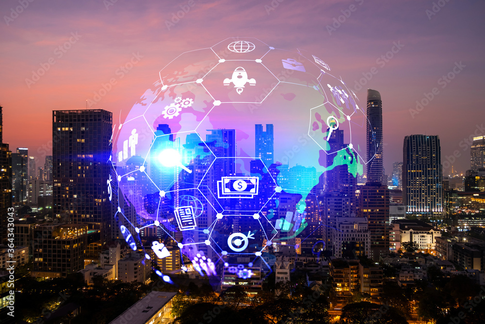 Hologram of Research and Development glowing icons. Sunset panoramic city view of Bangkok. Concept of innovative technologies to create new services and products in Asia. Double exposure. Hologram of Research and Development glowing icons. Sunset panoramic city view of Bangkok. Concept of innovative technologies to create new services and products in Asia. Double exposure.