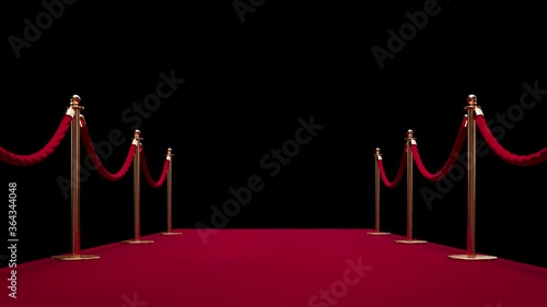 Red carpet event entrance camera flythrough animation with alpha channel. VIP access to a festival. Studio lighting. Luxury lifestyle. Black background