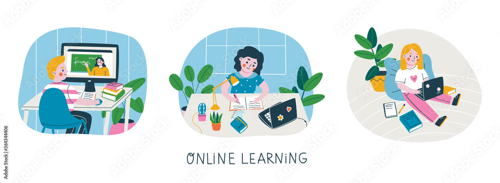 Set of kids at their workplaces studying online at home. Colorful characters using a computer and laptops for e-learning. Vector illustration of online education concept.