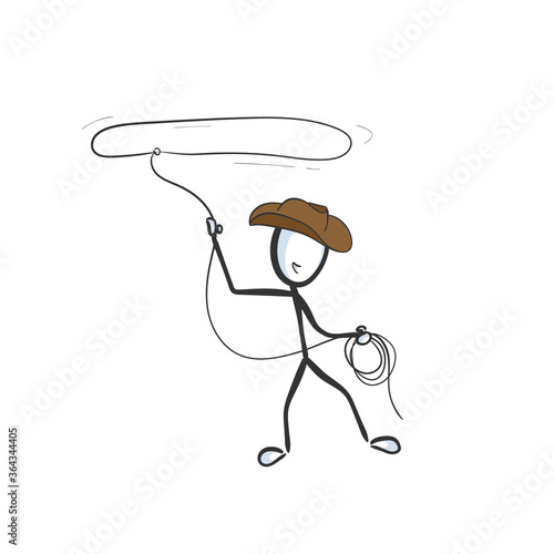 Wild west cowboy with rope. Vector simple cowboy loop. Stickman no face clipart cartoon. Hand drawn. Doodle sketch, graphic illustration photo