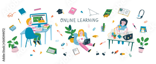 Set of kids studying online and various school supplies. Colorful vector illustration of the online learning or back to school concept. Isolated elements on white background.