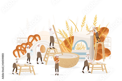 Bakery manufacturer male and female chef cooking professional bakery cartoon character design flat vector illustration on white background