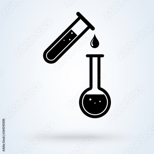 Test tube with falling drop of liquid to flask. Flat icon illustration.