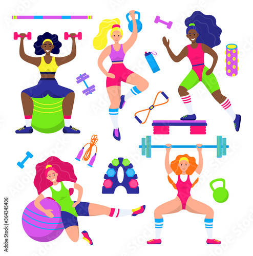 Set of woman, girl in aerobics outfit doing workout isolated on white background.Fitness and weight loss. Healthy lifestyle. Vector illustration in cartoon style.