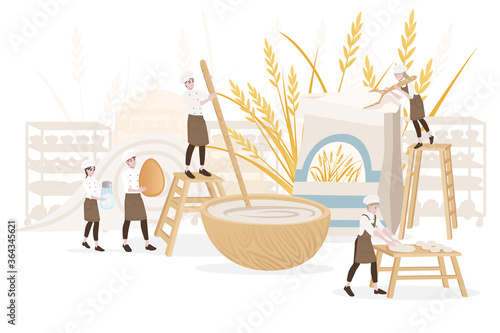 Bakery manufacturer male and female chef cooking use wooden table and bowl for dough professional bakery cartoon character design flat vector illustration on white background