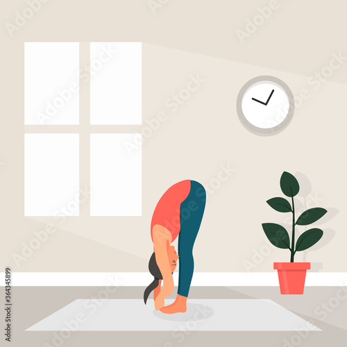 Female Yoga in Flat Style. Vector Illustration of Beautiful Cartoon Woman in Padahastasana Pose of Yoga. Home Sports Concept