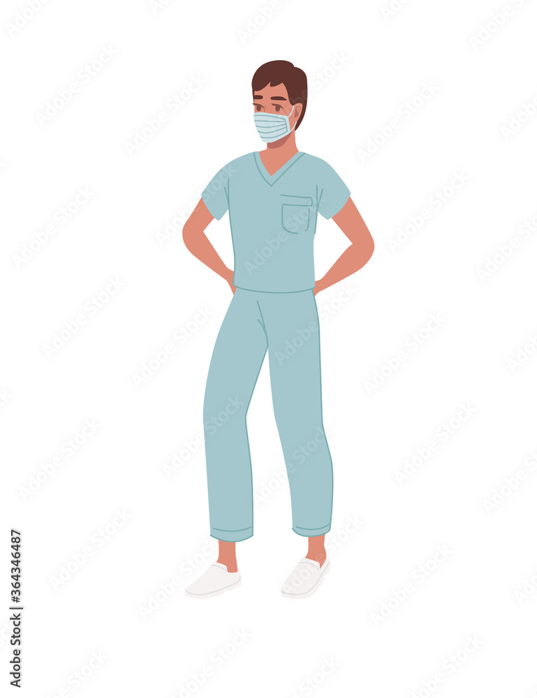 Male doctor with green coat and medical mask cartoon character design flat vector illustration isolated on white background