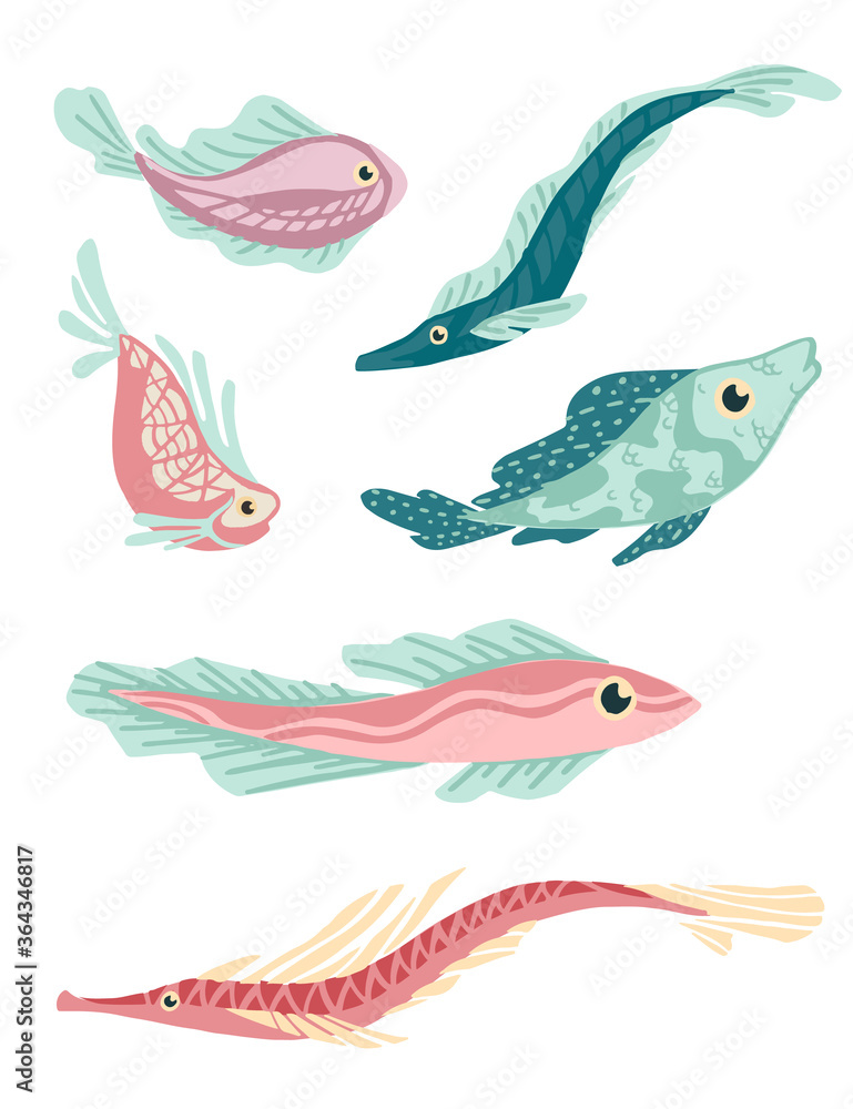 Set of sea exotic fishes flat vector illustration isolated on white background