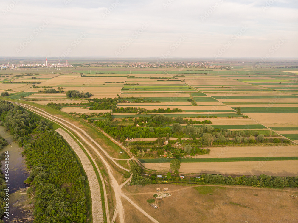 Aerial view of agriculture meadows on a sunny day