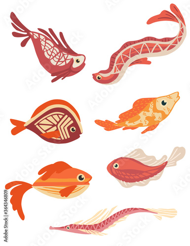 Set of sea exotic fishes flat vector illustration isolated on white background