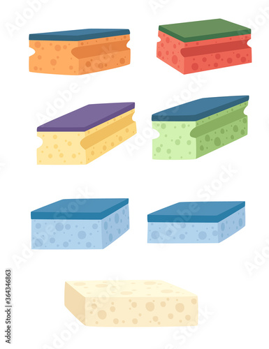 Set of foam rubber sponge to wash dishes colored washcloth with soft and hard coating flat vector illustration isolated on white background
