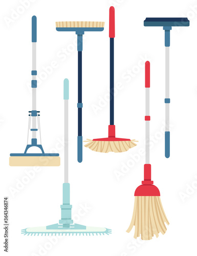 Set of cleaning modern plastic mops domestic must have tools flat vector illustration isolated on white background