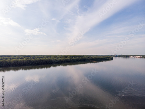 Aerial Drone view of Danube river and blue sky. Beautiful amazing landscape image of Danube river.