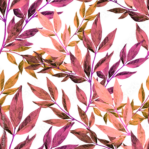 Watercolor seamless pattern with leaves. Bright summer or spring print for an...