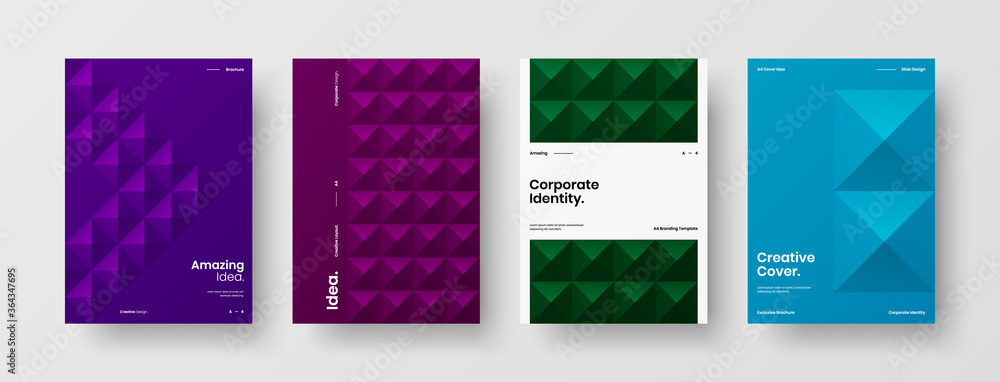 Company identity brochure template collection. Business presentation vector A4 vertical orientation front page mock up set. Corporate report cover abstract geometric illustration design layout bundle.