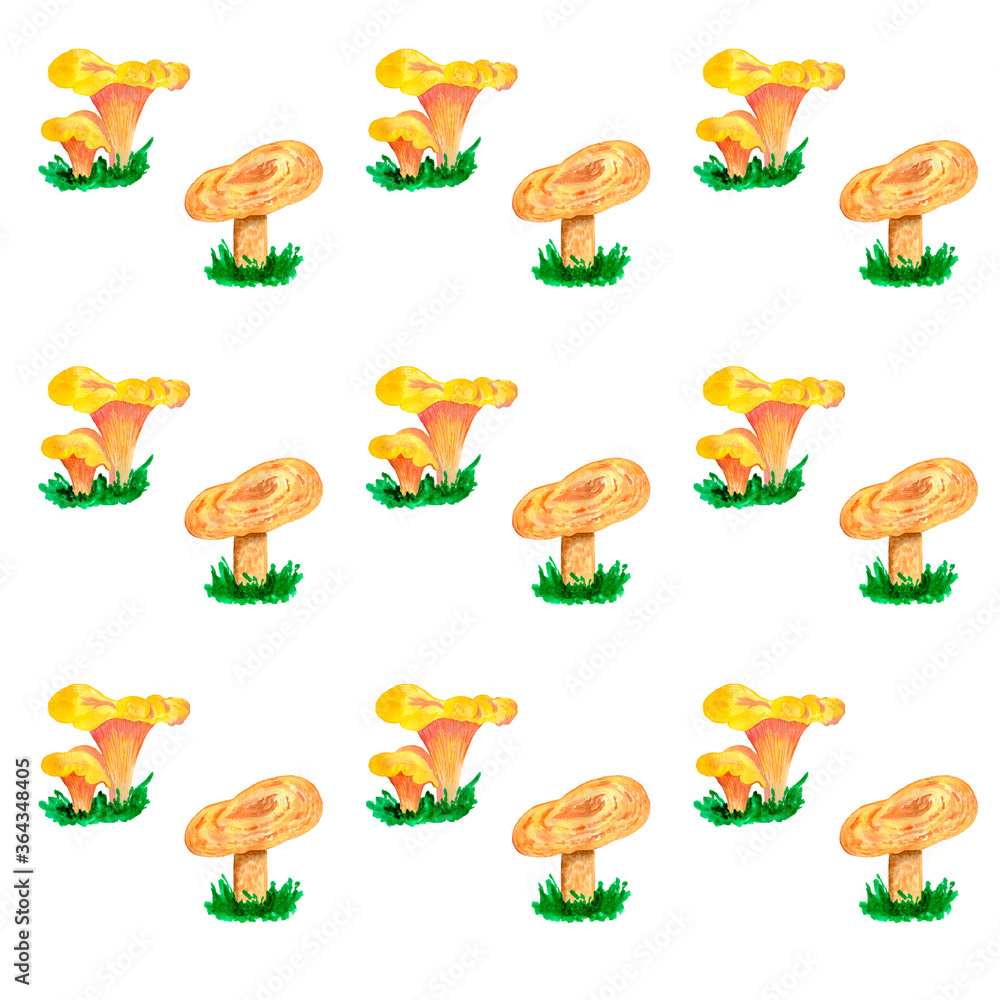 Obraz premium Watercolor seamless pattern. Edible yellow mushrooms isolated on white background.